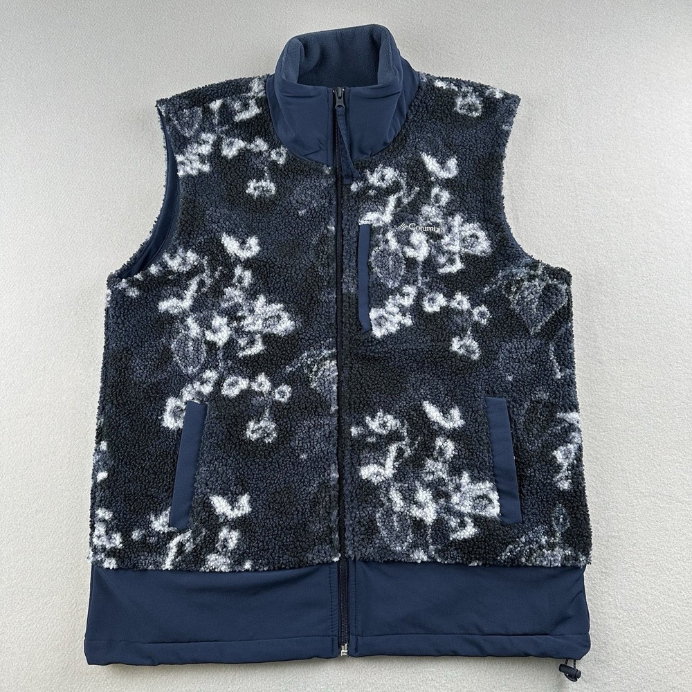 Columbia Fleece Vest Women Medium‎ Navy Abstract Floral Sherpa Full Zip AL8433